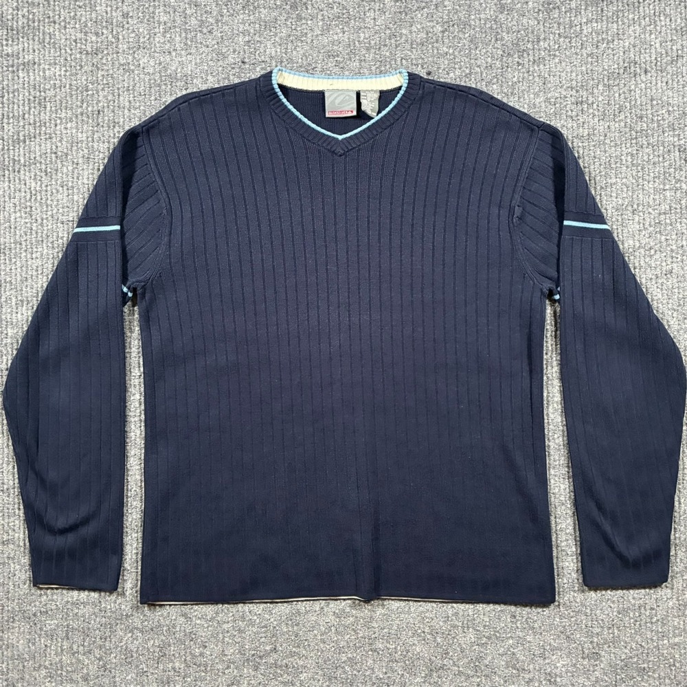 Quiksilver‎ Mens M Medium Navy Ribbed Knit Sweater V Neck Cotton Acrylic Casual